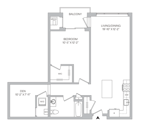 Floor plan for 1 bed, 1 bath, 942 sqft